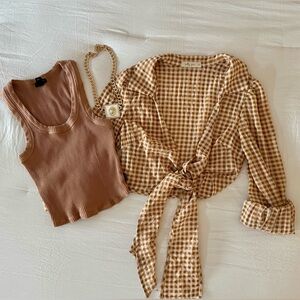 Checked Tie-Front Blouse, necklace and tank top